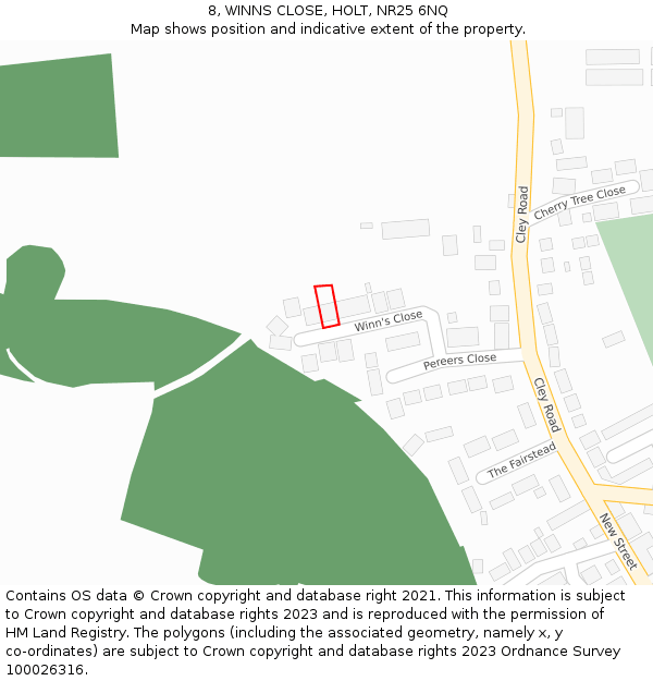 8, WINNS CLOSE, HOLT, NR25 6NQ: Location map and indicative extent of plot