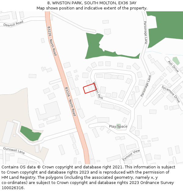 8, WINSTON PARK, SOUTH MOLTON, EX36 3AY: Location map and indicative extent of plot