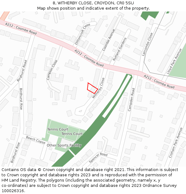 8, WITHERBY CLOSE, CROYDON, CR0 5SU: Location map and indicative extent of plot