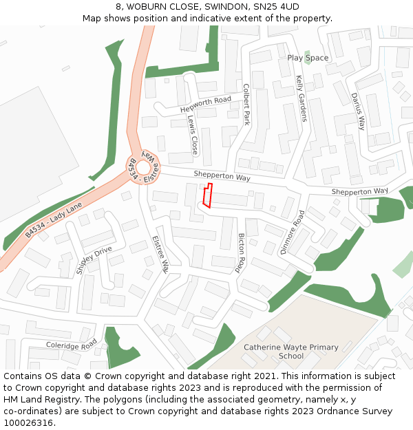 8, WOBURN CLOSE, SWINDON, SN25 4UD: Location map and indicative extent of plot