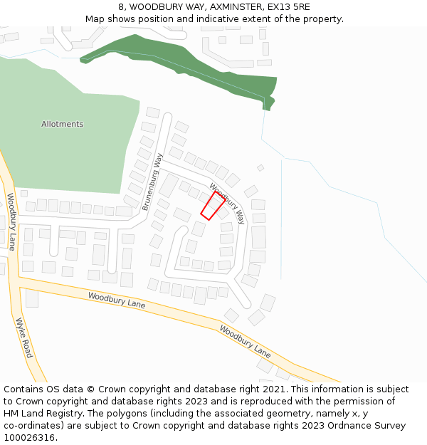 8, WOODBURY WAY, AXMINSTER, EX13 5RE: Location map and indicative extent of plot