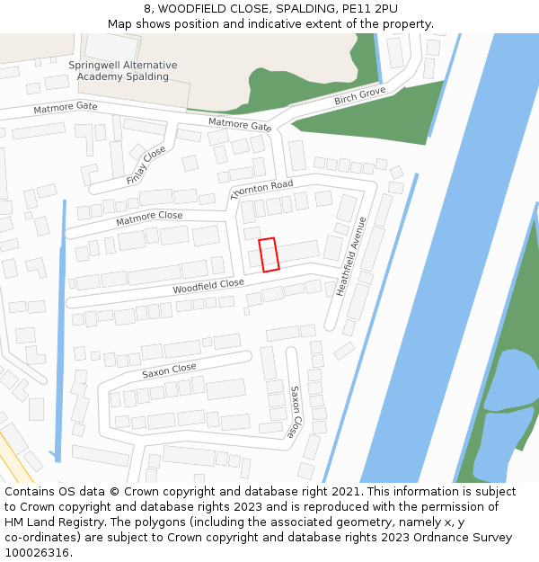 8, WOODFIELD CLOSE, SPALDING, PE11 2PU: Location map and indicative extent of plot