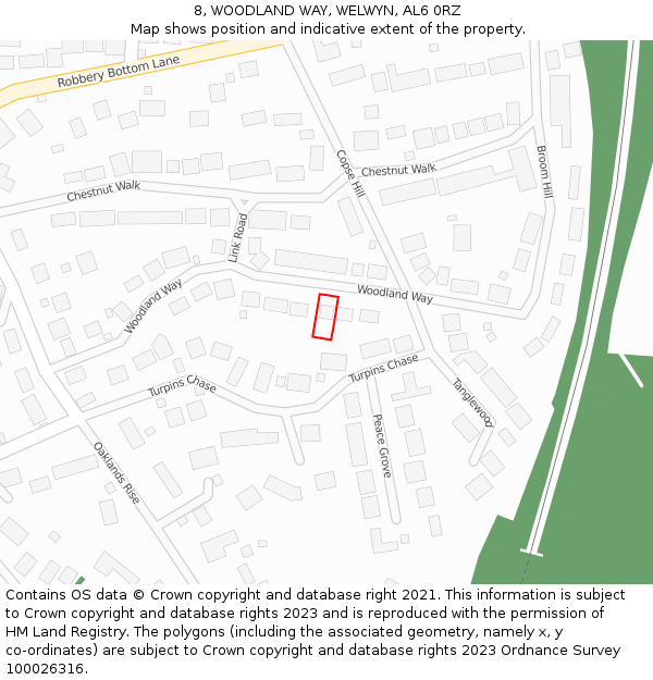 8, WOODLAND WAY, WELWYN, AL6 0RZ: Location map and indicative extent of plot