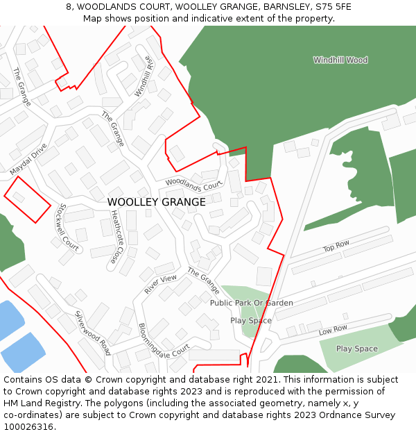 8, WOODLANDS COURT, WOOLLEY GRANGE, BARNSLEY, S75 5FE: Location map and indicative extent of plot