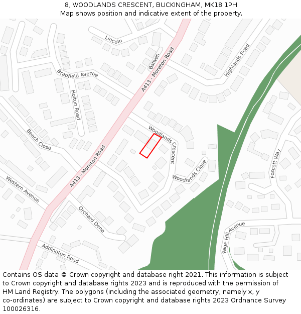 8, WOODLANDS CRESCENT, BUCKINGHAM, MK18 1PH: Location map and indicative extent of plot