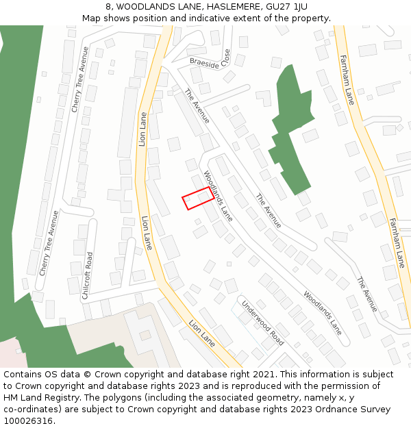 8, WOODLANDS LANE, HASLEMERE, GU27 1JU: Location map and indicative extent of plot
