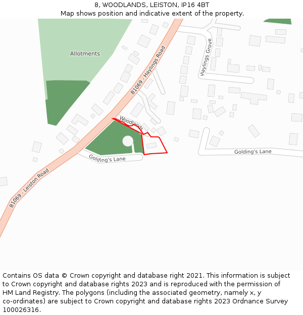 8, WOODLANDS, LEISTON, IP16 4BT: Location map and indicative extent of plot