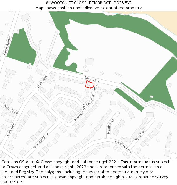 8, WOODNUTT CLOSE, BEMBRIDGE, PO35 5YF: Location map and indicative extent of plot