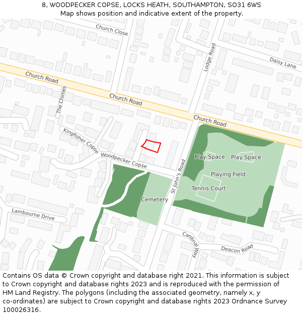 8, WOODPECKER COPSE, LOCKS HEATH, SOUTHAMPTON, SO31 6WS: Location map and indicative extent of plot