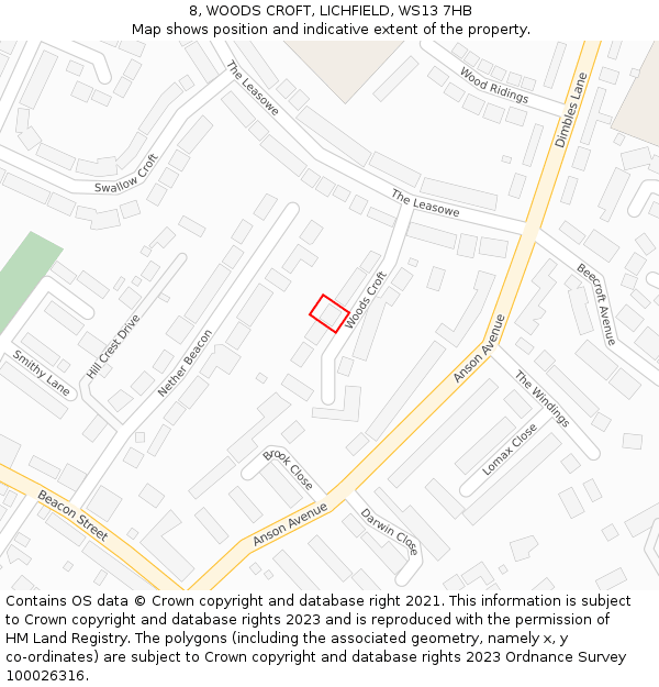 8, WOODS CROFT, LICHFIELD, WS13 7HB: Location map and indicative extent of plot