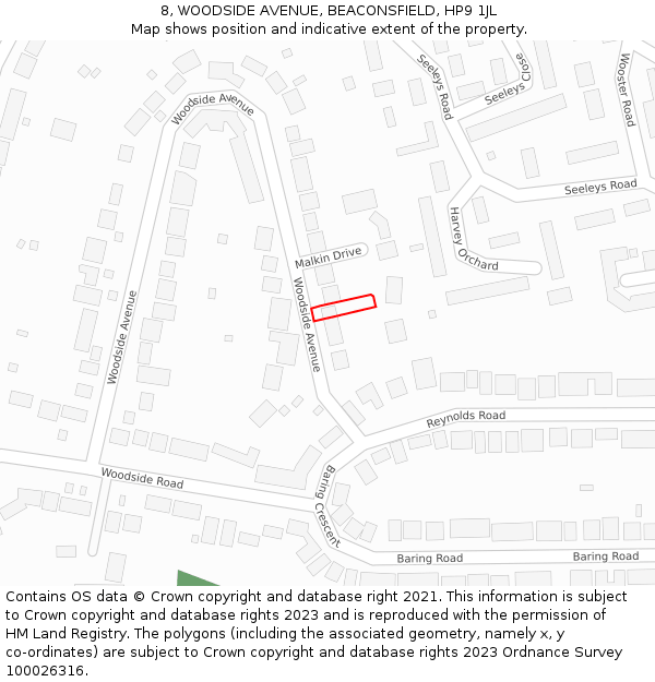 8, WOODSIDE AVENUE, BEACONSFIELD, HP9 1JL: Location map and indicative extent of plot