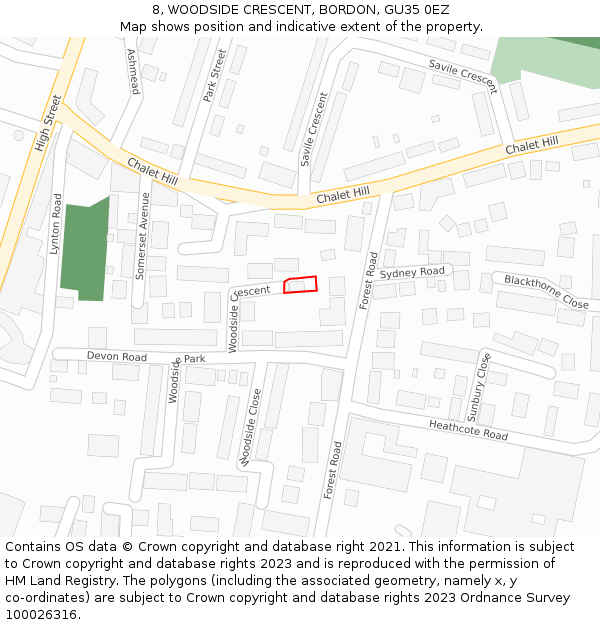 8, WOODSIDE CRESCENT, BORDON, GU35 0EZ: Location map and indicative extent of plot