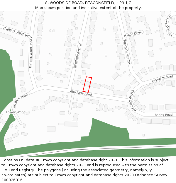 8, WOODSIDE ROAD, BEACONSFIELD, HP9 1JG: Location map and indicative extent of plot