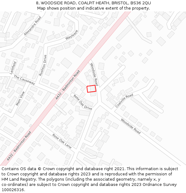 8, WOODSIDE ROAD, COALPIT HEATH, BRISTOL, BS36 2QU: Location map and indicative extent of plot