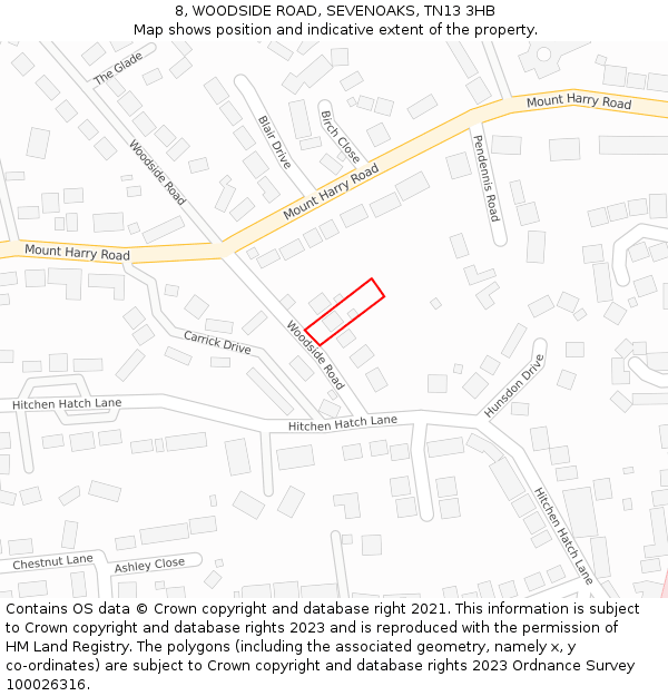 8, WOODSIDE ROAD, SEVENOAKS, TN13 3HB: Location map and indicative extent of plot