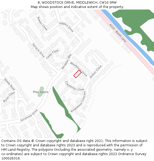 8, WOODSTOCK DRIVE, MIDDLEWICH, CW10 0RW: Location map and indicative extent of plot