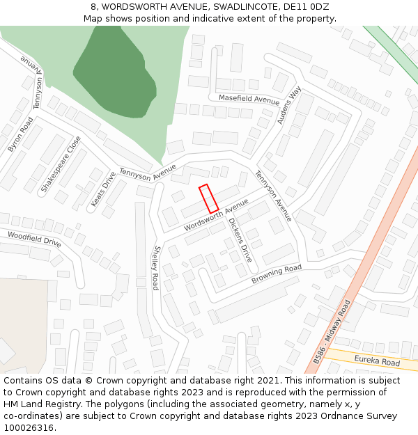 8, WORDSWORTH AVENUE, SWADLINCOTE, DE11 0DZ: Location map and indicative extent of plot