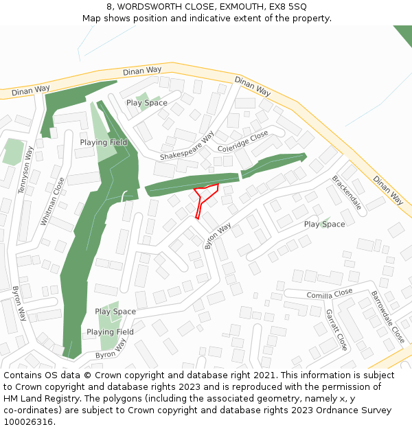 8, WORDSWORTH CLOSE, EXMOUTH, EX8 5SQ: Location map and indicative extent of plot