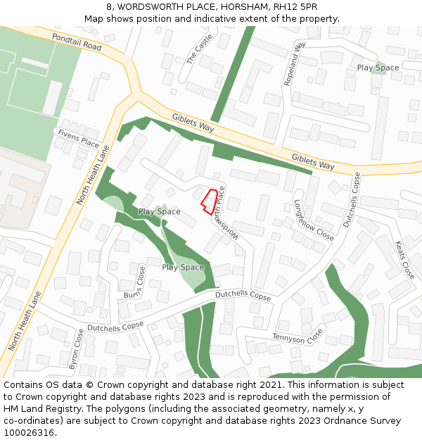 8, WORDSWORTH PLACE, HORSHAM, RH12 5PR: Location map and indicative extent of plot