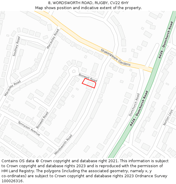 8, WORDSWORTH ROAD, RUGBY, CV22 6HY: Location map and indicative extent of plot