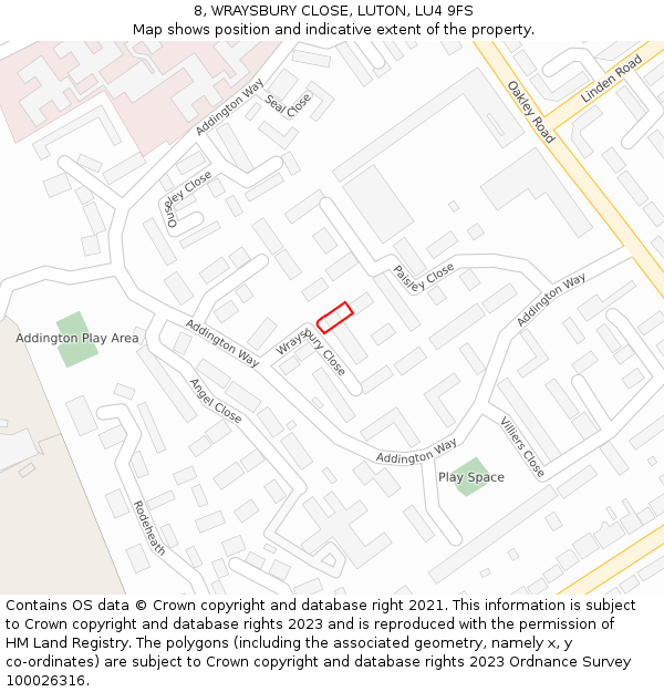 8, WRAYSBURY CLOSE, LUTON, LU4 9FS: Location map and indicative extent of plot