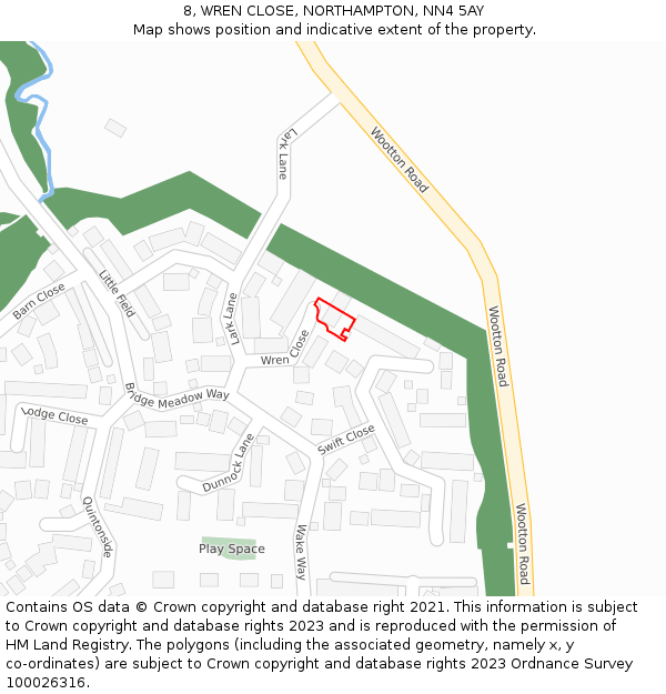 8, WREN CLOSE, NORTHAMPTON, NN4 5AY: Location map and indicative extent of plot