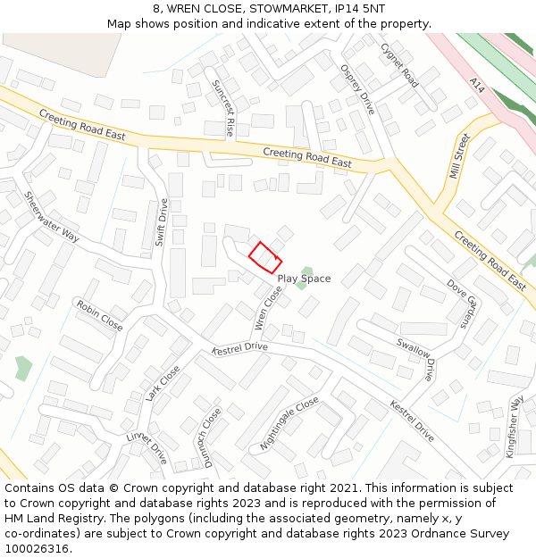 8, WREN CLOSE, STOWMARKET, IP14 5NT: Location map and indicative extent of plot