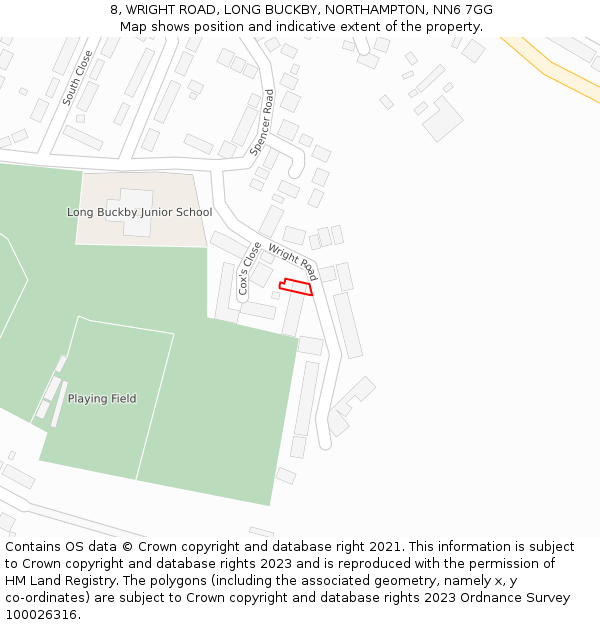 8, WRIGHT ROAD, LONG BUCKBY, NORTHAMPTON, NN6 7GG: Location map and indicative extent of plot