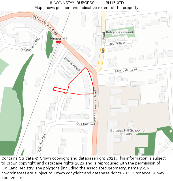 8, WYNNSTAY, BURGESS HILL, RH15 0TD: Location map and indicative extent of plot