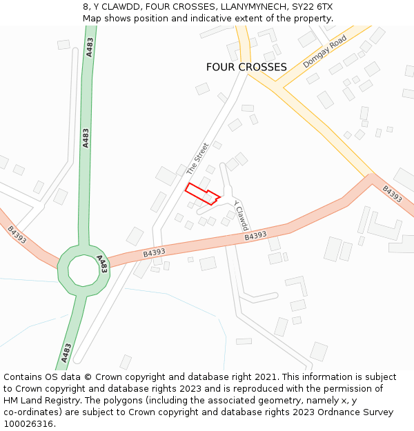 8, Y CLAWDD, FOUR CROSSES, LLANYMYNECH, SY22 6TX: Location map and indicative extent of plot