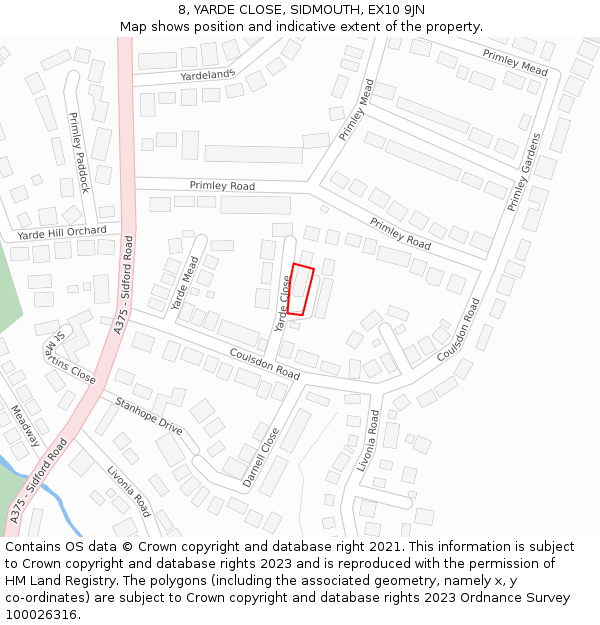 8, YARDE CLOSE, SIDMOUTH, EX10 9JN: Location map and indicative extent of plot