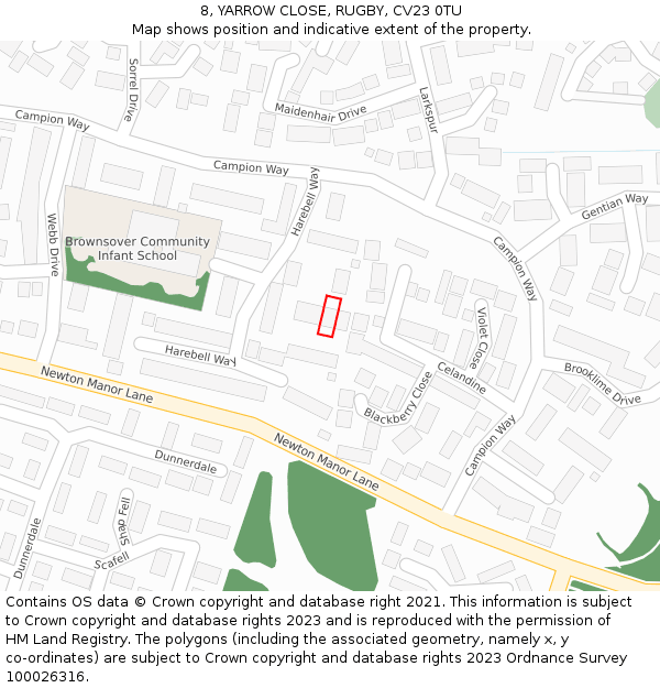 8, YARROW CLOSE, RUGBY, CV23 0TU: Location map and indicative extent of plot