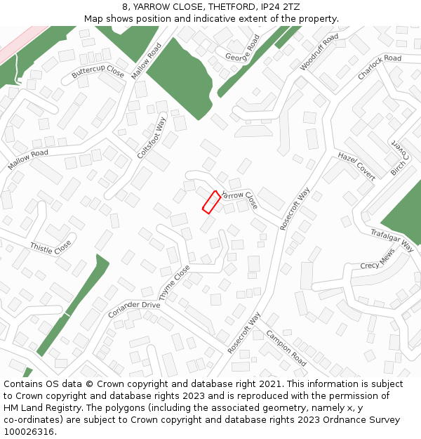 8, YARROW CLOSE, THETFORD, IP24 2TZ: Location map and indicative extent of plot