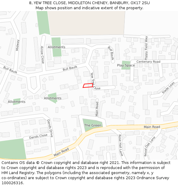 8, YEW TREE CLOSE, MIDDLETON CHENEY, BANBURY, OX17 2SU: Location map and indicative extent of plot