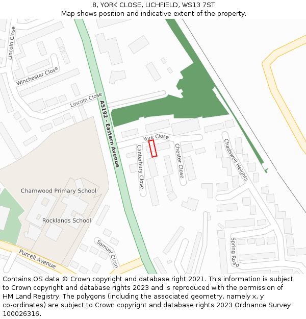 8, YORK CLOSE, LICHFIELD, WS13 7ST: Location map and indicative extent of plot