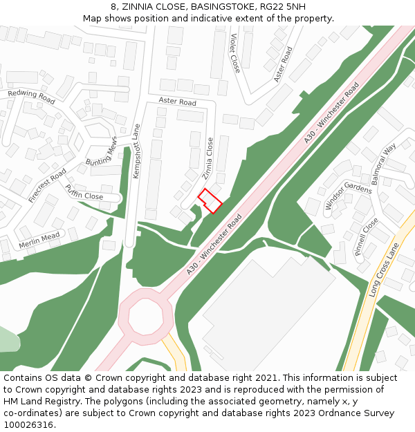 8, ZINNIA CLOSE, BASINGSTOKE, RG22 5NH: Location map and indicative extent of plot