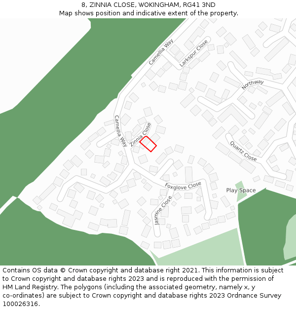 8, ZINNIA CLOSE, WOKINGHAM, RG41 3ND: Location map and indicative extent of plot