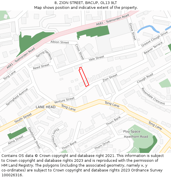 8, ZION STREET, BACUP, OL13 9LT: Location map and indicative extent of plot