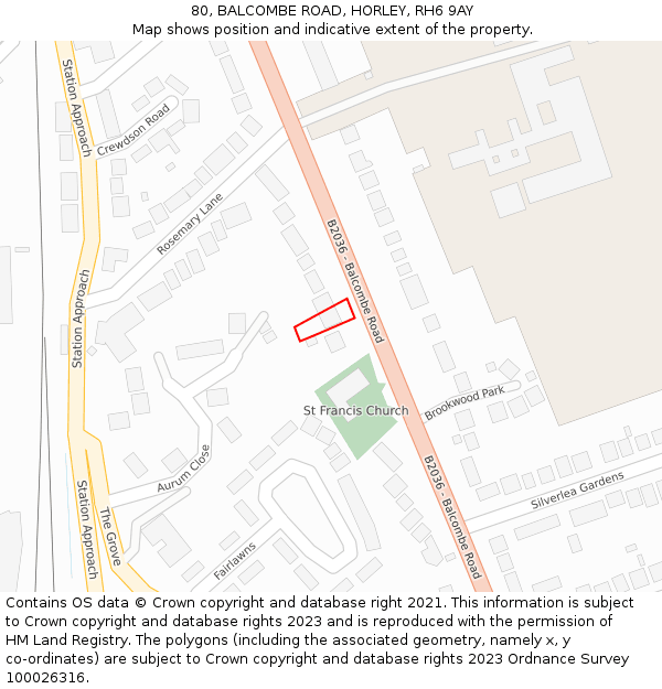 80, BALCOMBE ROAD, HORLEY, RH6 9AY: Location map and indicative extent of plot