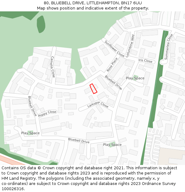 80, BLUEBELL DRIVE, LITTLEHAMPTON, BN17 6UU: Location map and indicative extent of plot