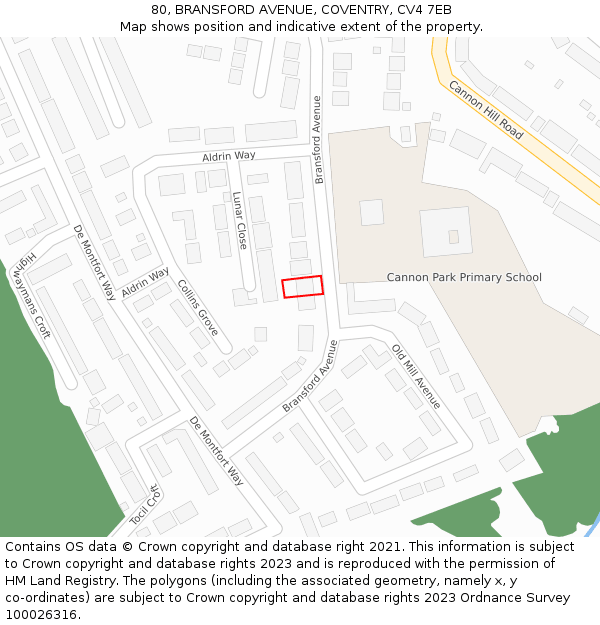 80, BRANSFORD AVENUE, COVENTRY, CV4 7EB: Location map and indicative extent of plot