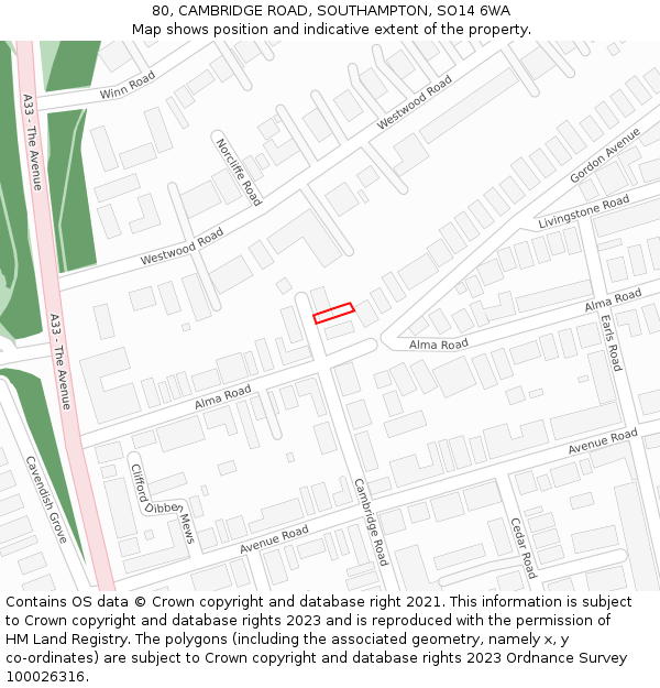 80, CAMBRIDGE ROAD, SOUTHAMPTON, SO14 6WA: Location map and indicative extent of plot