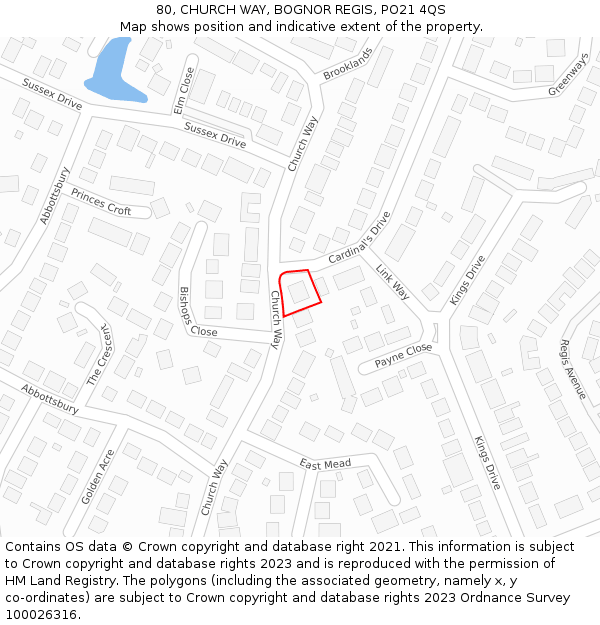 80, CHURCH WAY, BOGNOR REGIS, PO21 4QS: Location map and indicative extent of plot