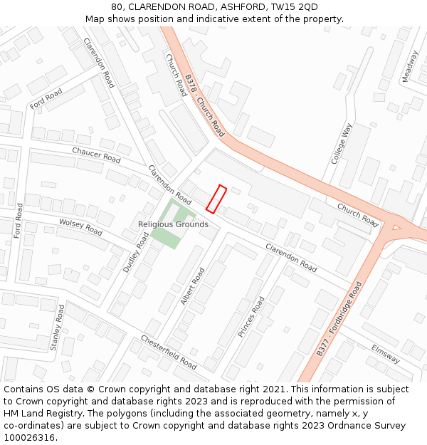 80, CLARENDON ROAD, ASHFORD, TW15 2QD: Location map and indicative extent of plot