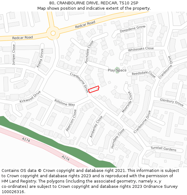 80, CRANBOURNE DRIVE, REDCAR, TS10 2SP: Location map and indicative extent of plot