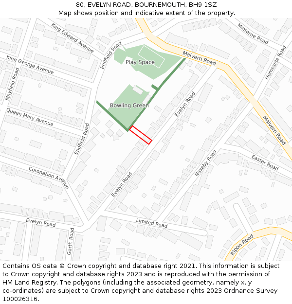 80, EVELYN ROAD, BOURNEMOUTH, BH9 1SZ: Location map and indicative extent of plot