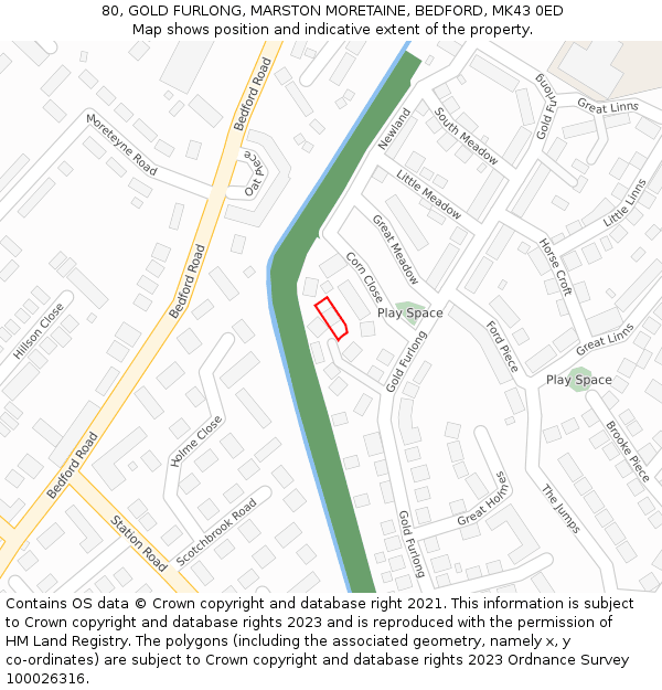 80, GOLD FURLONG, MARSTON MORETAINE, BEDFORD, MK43 0ED: Location map and indicative extent of plot