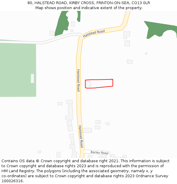 80, HALSTEAD ROAD, KIRBY CROSS, FRINTON-ON-SEA, CO13 0LR: Location map and indicative extent of plot