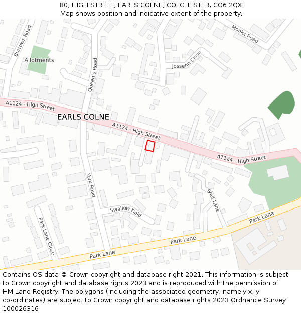 80, HIGH STREET, EARLS COLNE, COLCHESTER, CO6 2QX: Location map and indicative extent of plot