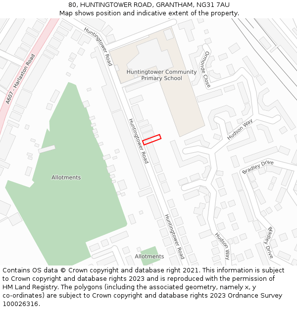 80, HUNTINGTOWER ROAD, GRANTHAM, NG31 7AU: Location map and indicative extent of plot